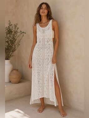 White Crochet Boho Tunic Dress High Slit Anthropologie Style  Coastal Luxe Knit